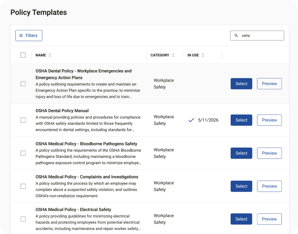 library of osha policies for healthcare compliance